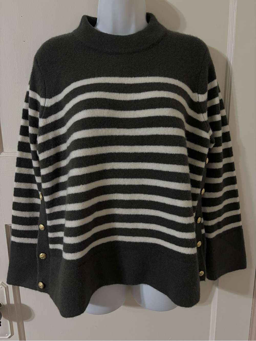 Tuckernuck Greenish Grey /white  Striped Mock Neck Sweater with gold Side Button